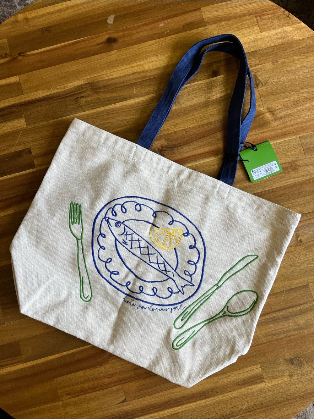 Kate Spade Canvas Fish Plate Tote with Blue Straps